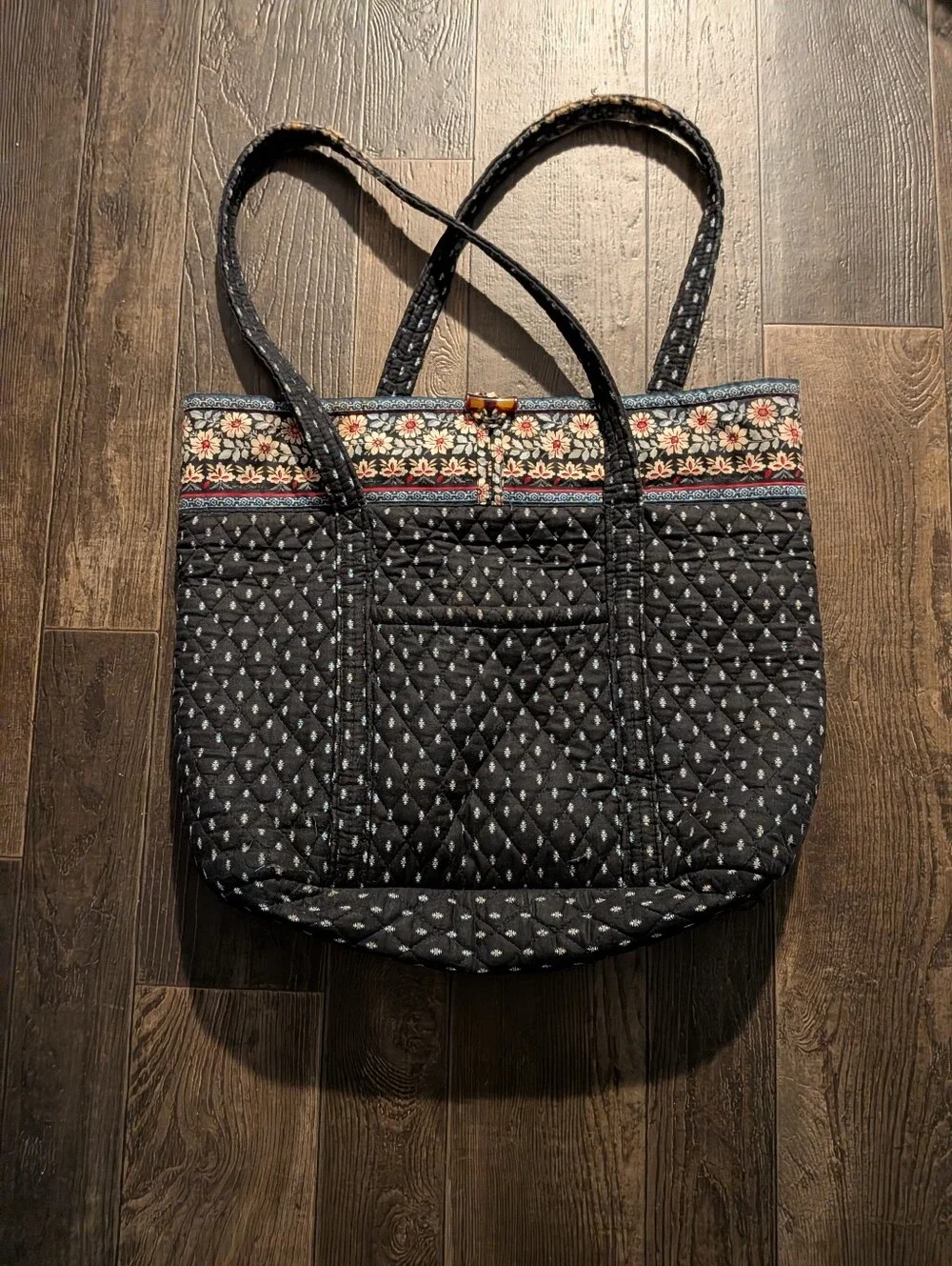 Quilted Black Floral-Trim Tote Bag